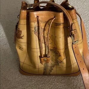 Alviero Martini Tan and Brown Geo Classic Map-Print Drawstring Bucket Bag